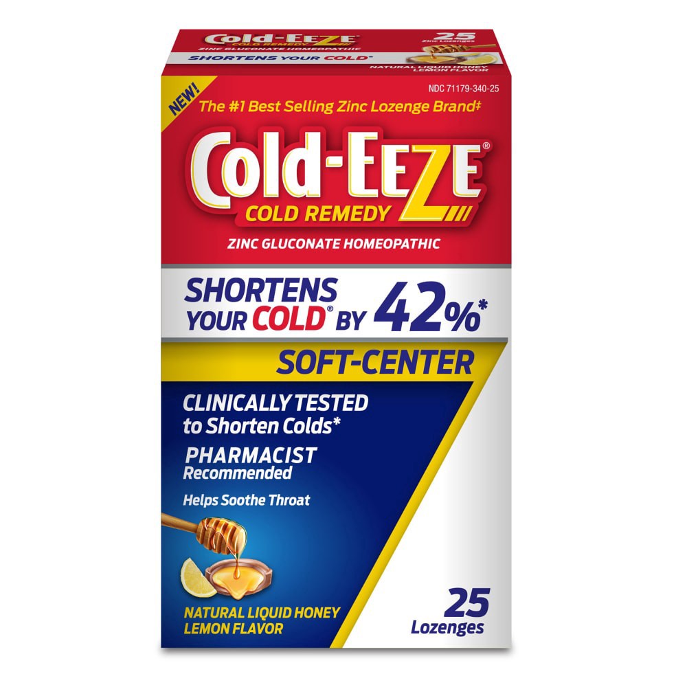 slide 3 of 4, Cold-EEZE Soft-Center Lozenges, Natural Liquid Honey Lemon Flavor, Homeopathic Cold Relief, Reduces Duration of Cold, Relieves Sore Throat, Cough, Nasal Congestion & Post Nasal Drip, No. 1 Best Selling Zinc Lozenge Brand, 25 Count, 25 ct