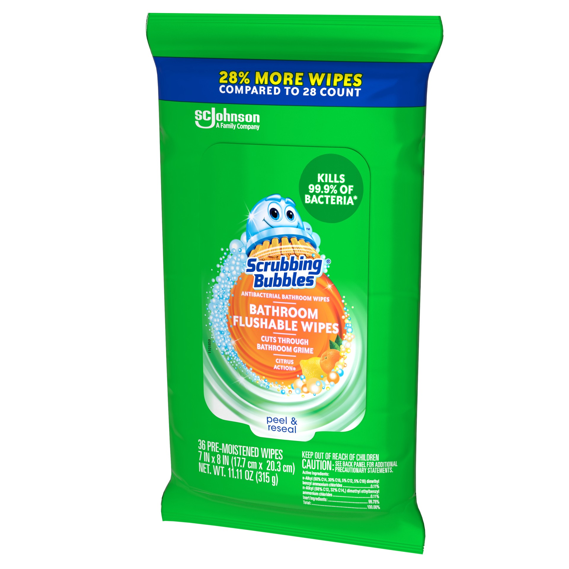 slide 4 of 5, Scrubbing Bubbles Flushable Antibacterial Wipes, Citrus Action, 36 Count, 28 ct