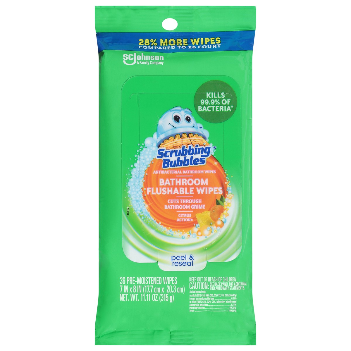 Scrubbing Bubbles Citrus Action Antibacterial Bathroom Flushable Wipes
