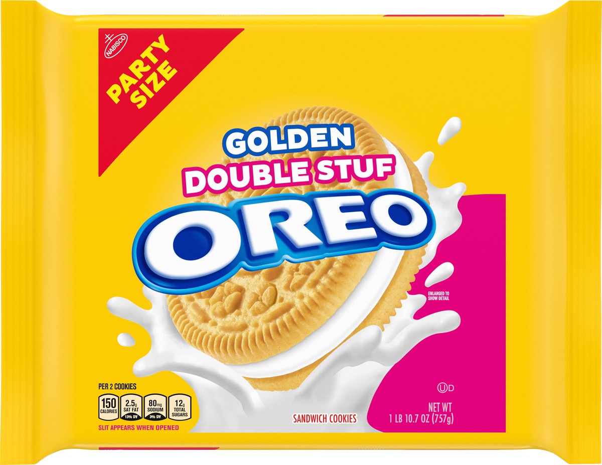 slide 6 of 9, OREO Double Stuf Golden Sandwich Cookies, Party Size, 26.7 oz, 26.7 oz