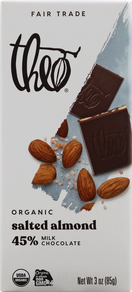 slide 6 of 13, Theo Organic 45% Milk Chocolate Salted Almond 3 oz, 3 oz