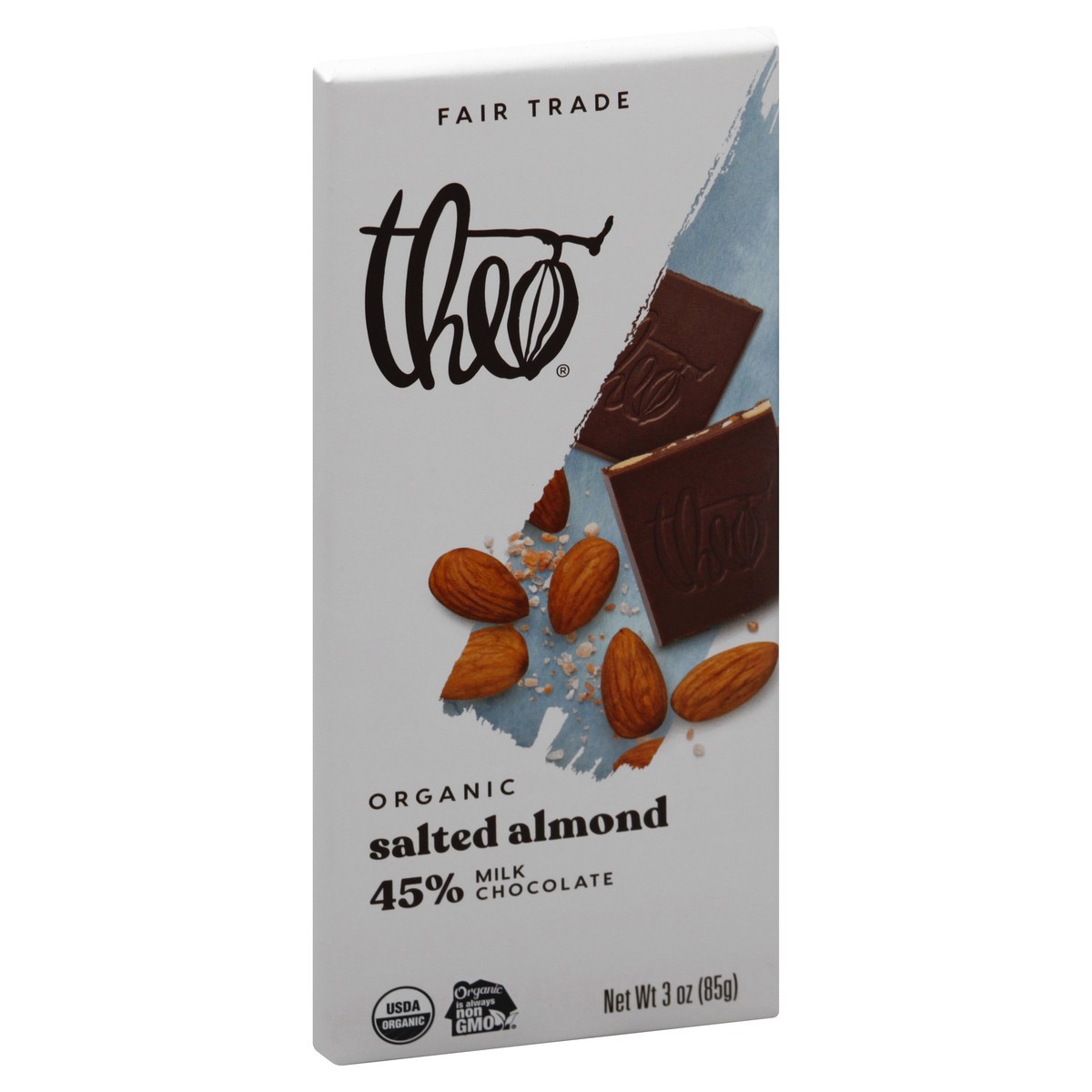 slide 9 of 13, Theo Organic 45% Milk Chocolate Salted Almond 3 oz, 3 oz