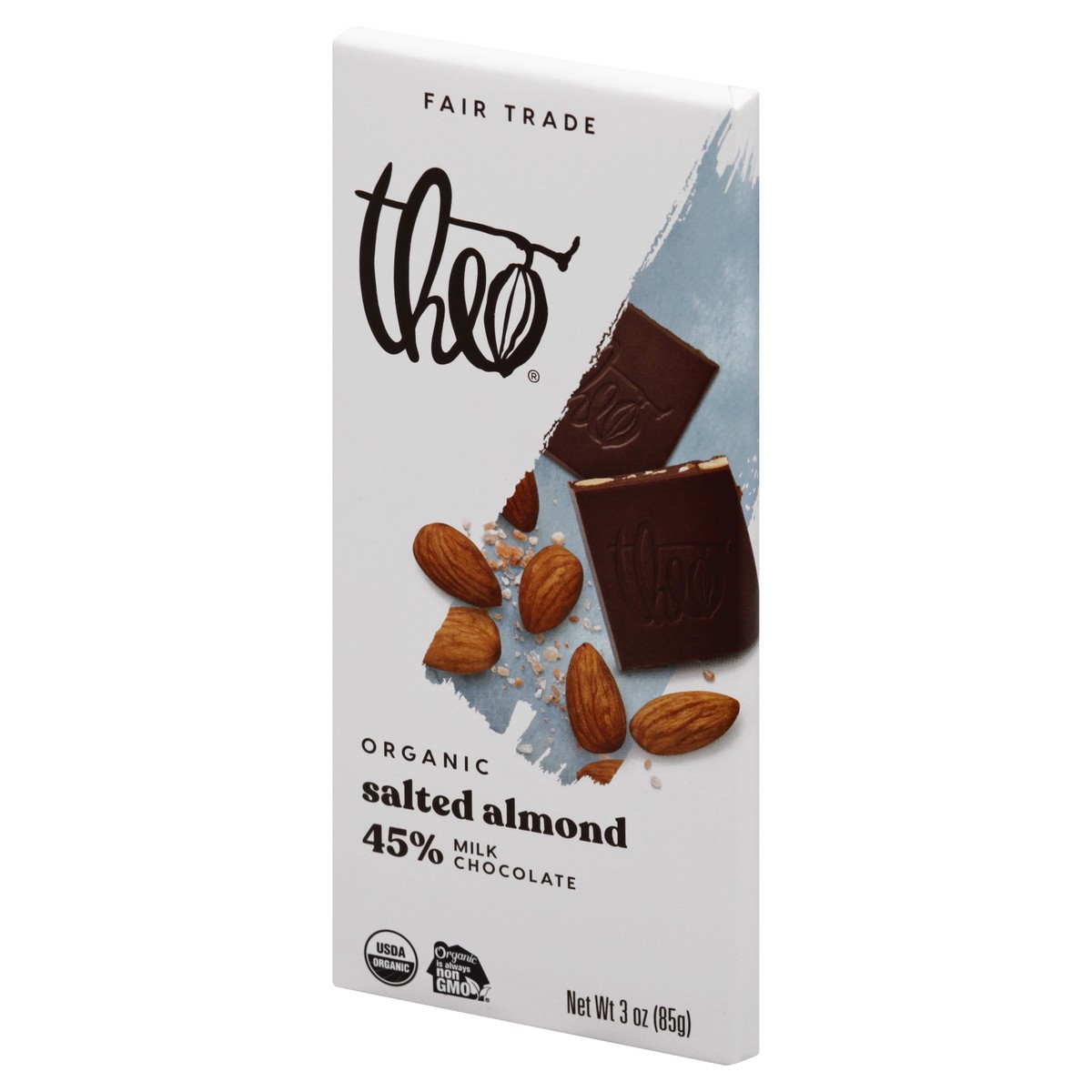 slide 2 of 13, Theo Organic 45% Milk Chocolate Salted Almond 3 oz, 3 oz