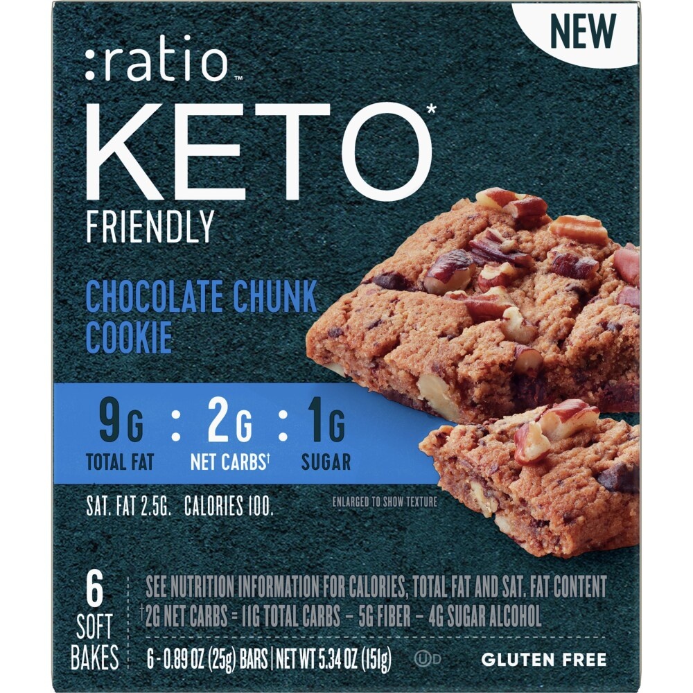 slide 1 of 1, :Ratio Keto Friendly Chocolate Chunk Cookie Soft Bake Bars, 6 ct; 0.89 oz