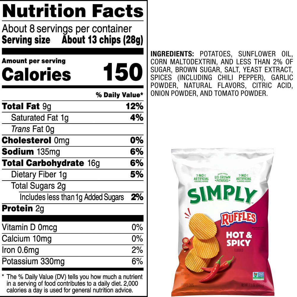 slide 3 of 6, Ruffles Simply Potato Chips Hot & Spicy Flavored 7 1/2 Oz, 7.5 oz