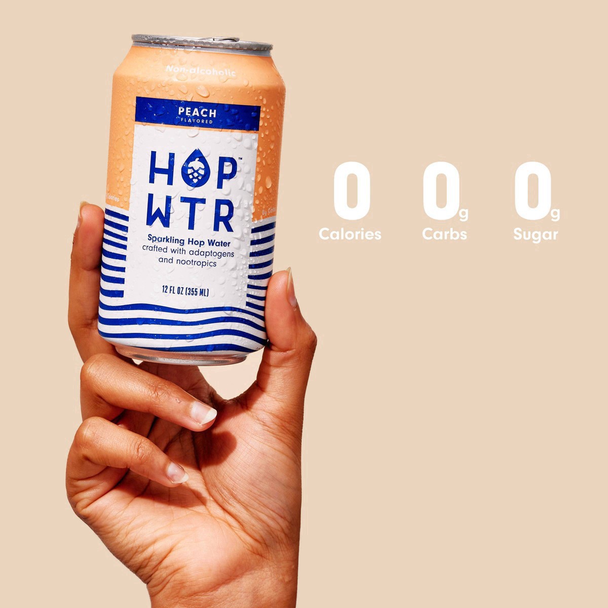 slide 9 of 9, Hop Wtr Non-Alcoholic Peach Sparkling Hop Water 6 - 12 oz Cans, 6 ct; 12 oz