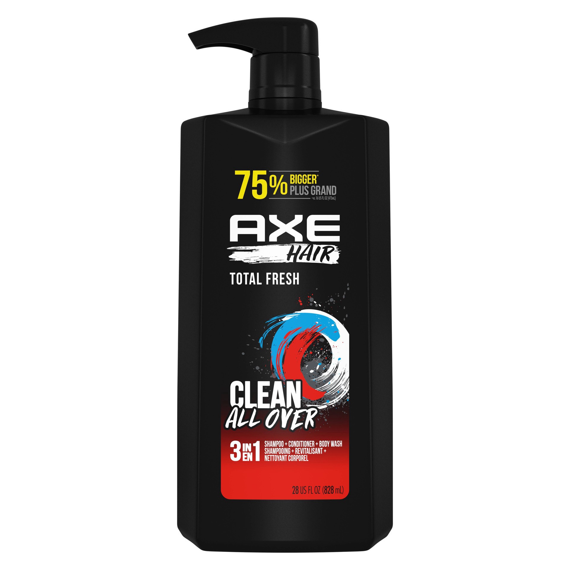 slide 5 of 9, AXE Wash & Care Total Fresh 3-in-1 Body Wash Shampoo & Conditioner, 28 fl oz