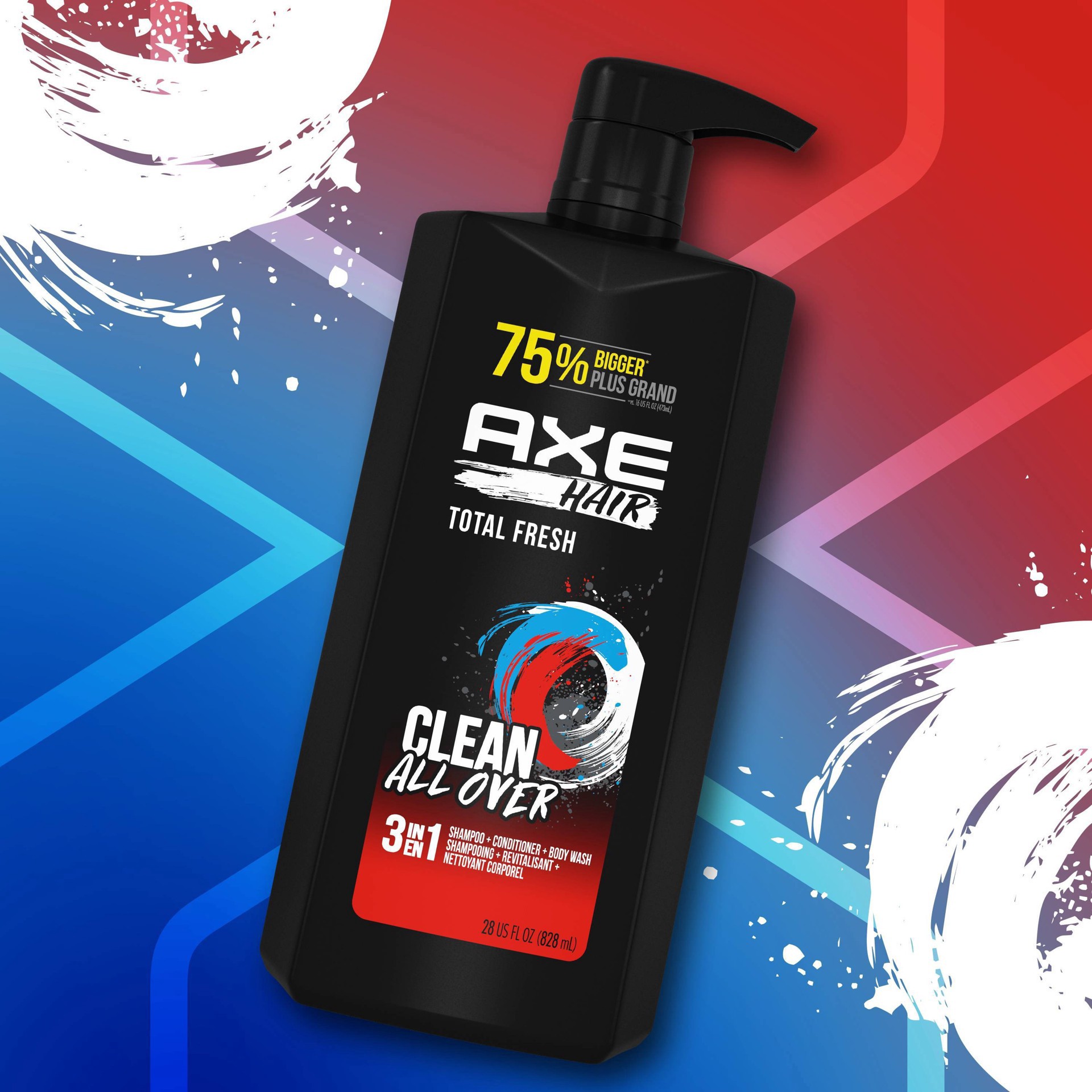 slide 7 of 9, AXE Wash & Care Total Fresh 3-in-1 Body Wash Shampoo & Conditioner, 28 fl oz