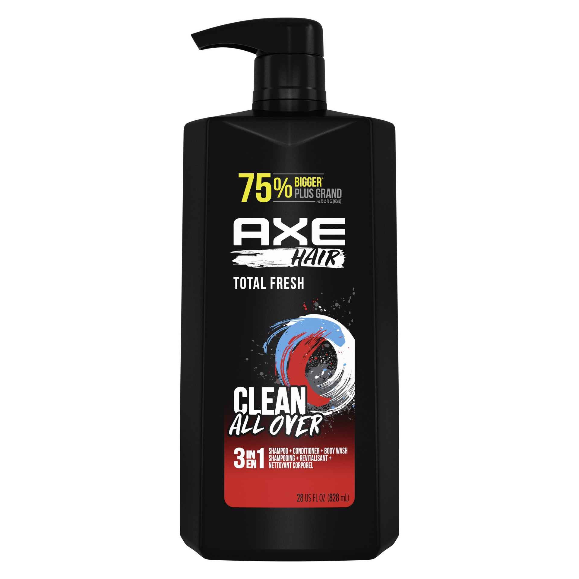 slide 1 of 9, AXE 3-in-1 Body Wash Shampoo & Conditioner Wash & Care Total Fresh, 28 oz, 28 fl oz