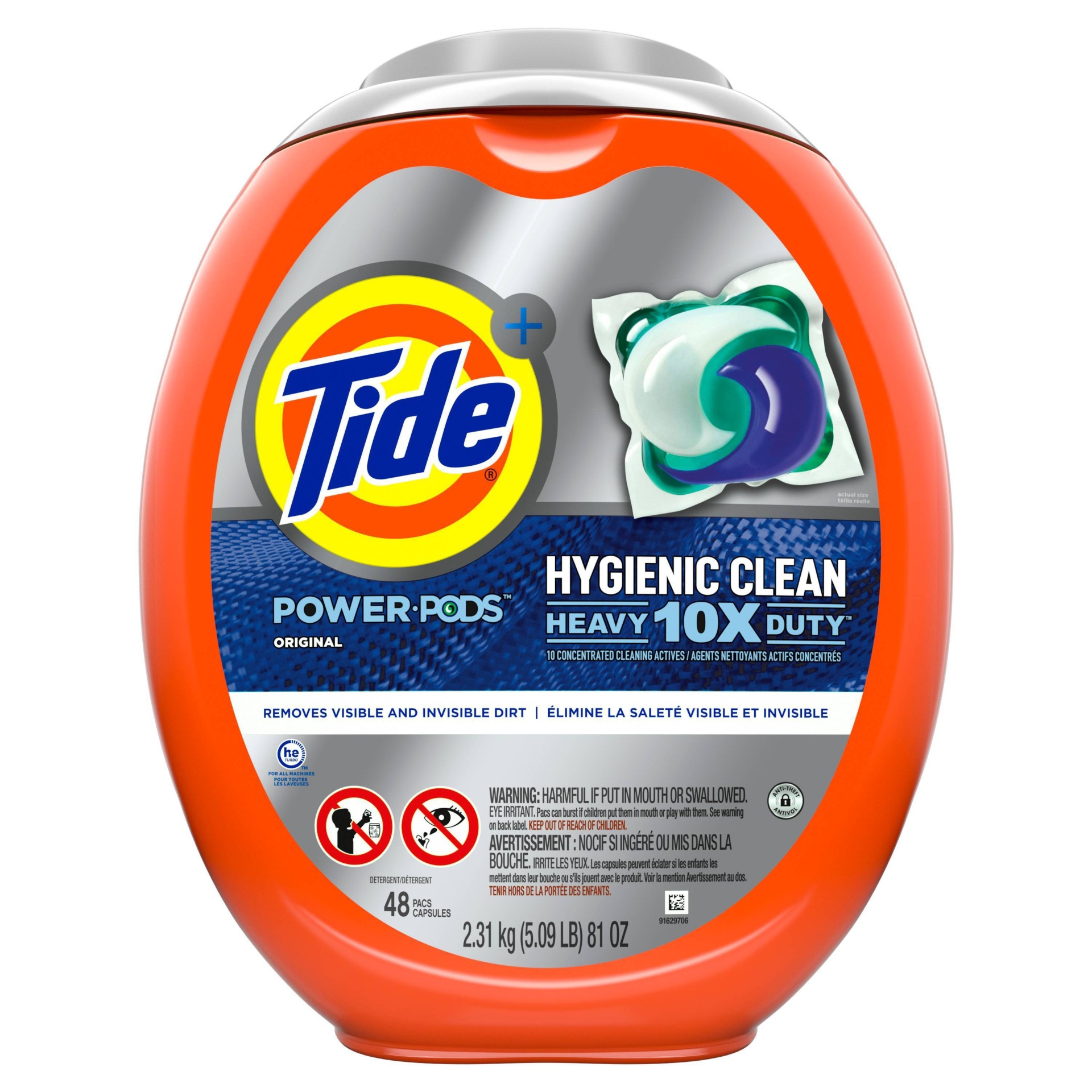 slide 1 of 1, Tide Power PODs Hygienic Clean Heavy Duty, Liquid Laundry Detergent Pacs, HE Compatible, 48 Count, For Visible and Invisible Dirt, Original Scent, 48 ct