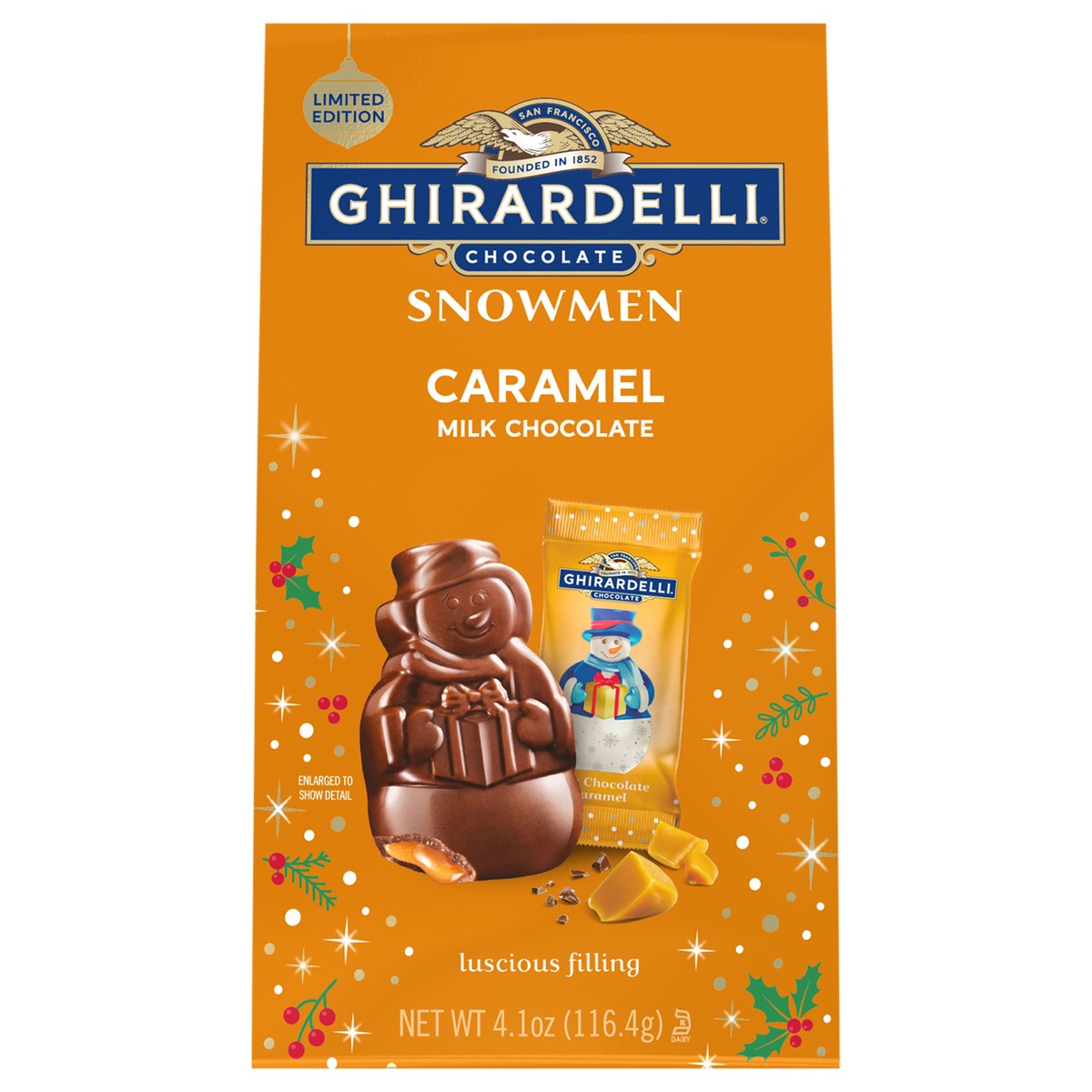 slide 1 of 6, GHIRARDELLI Milk Chocolate Caramel Snowmen, 4.1 Oz Bag, 4.1 oz