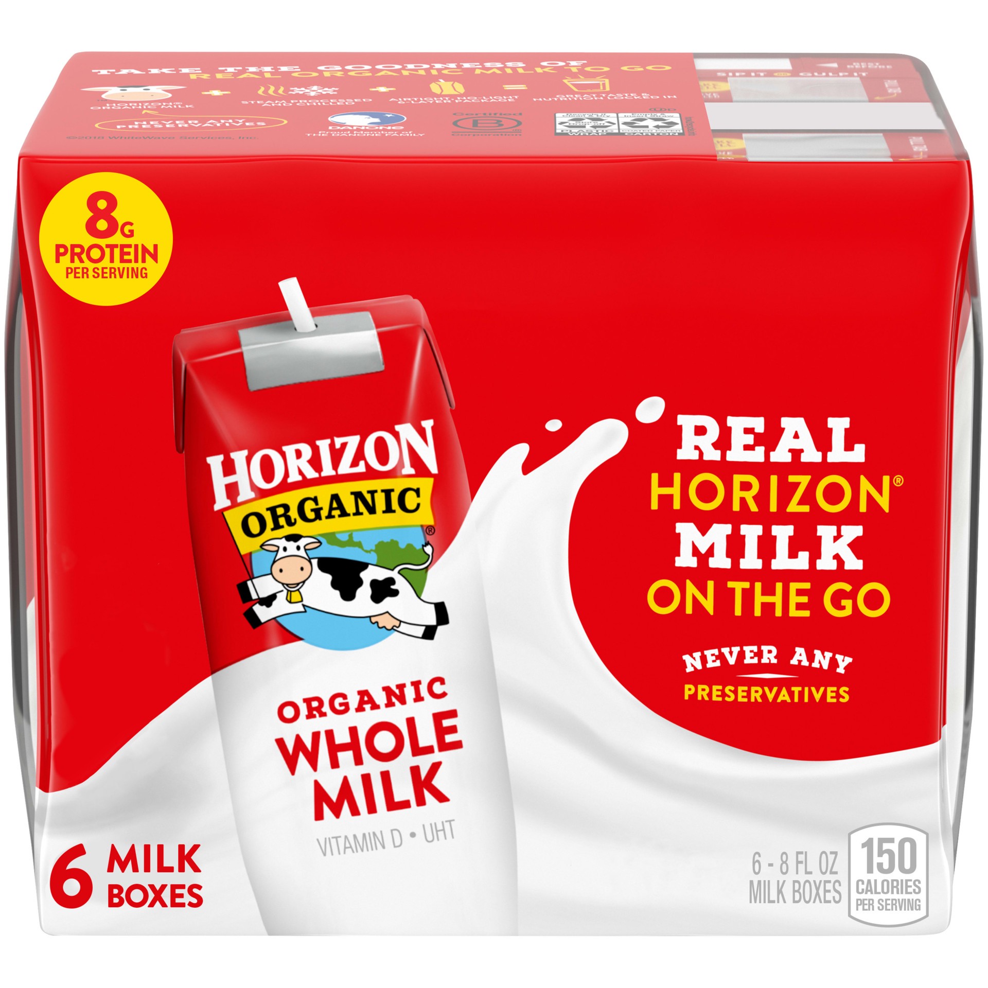 slide 1 of 9, Horizon Organic Shelf-Stable Whole Milk Boxes, 8 fl oz, 6 Pack, 8 fl oz