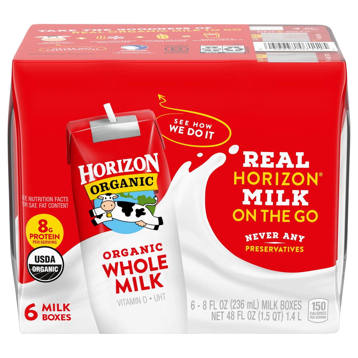slide 1 of 9, Horizon Organic Shelf-Stable Whole Milk Boxes, 8 oz., 6 Pack, 6 ct