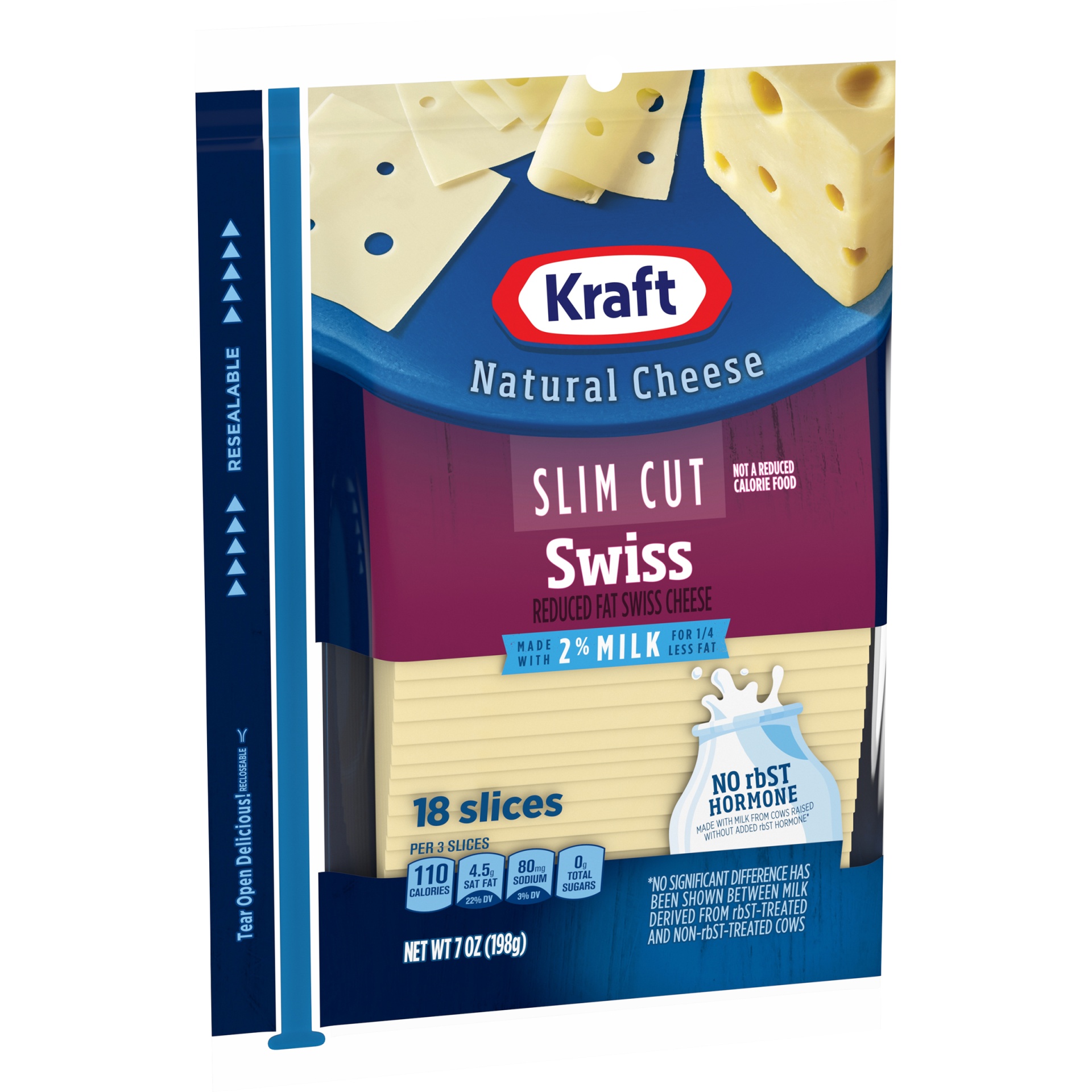 slide 2 of 6, Kraft Slim Cut Swiss Cheese Slices with 2% Milk Pack, 7 oz