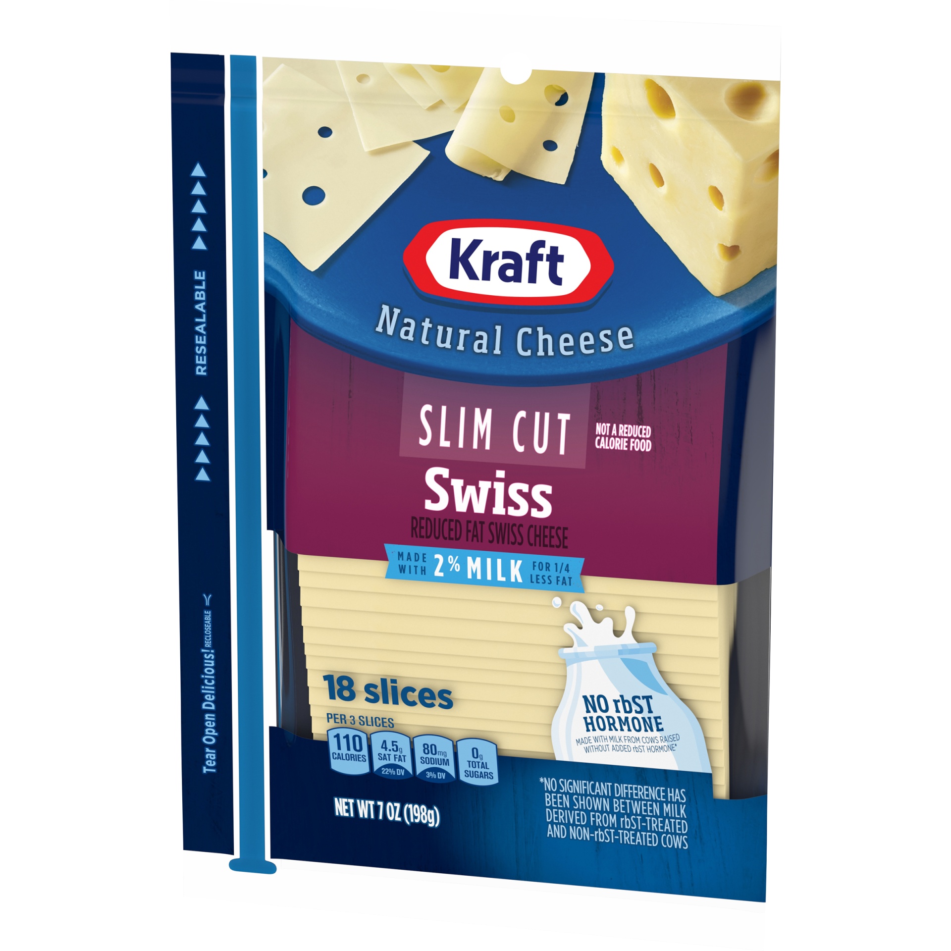 slide 3 of 6, Kraft Slim Cut Swiss Cheese Slices with 2% Milk Pack, 7 oz
