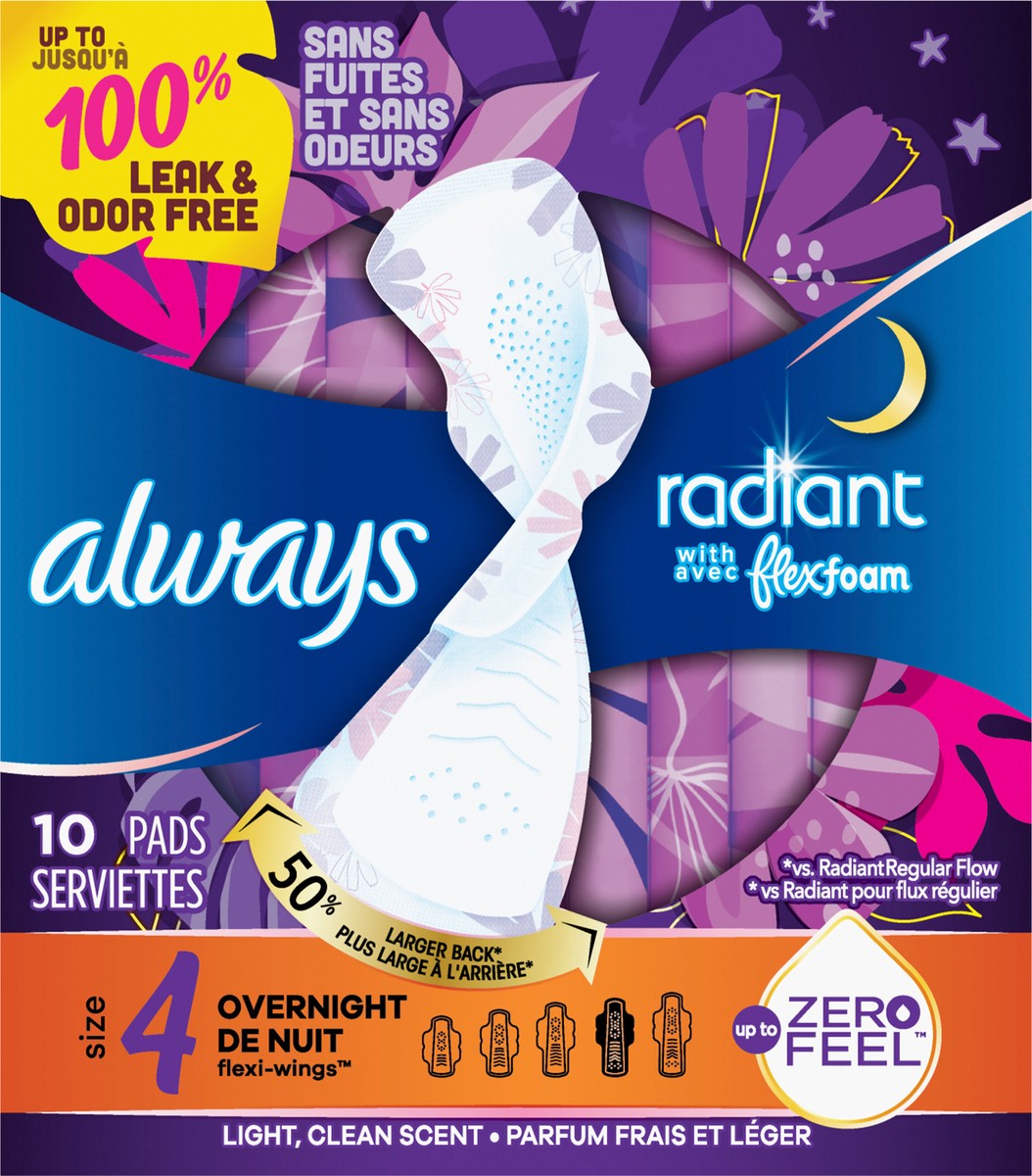 slide 2 of 2, Always Radiant Overnight Feminine Pads for Women, Size 4 for Nighttime, with Wings, Light Clean Scent, 10 CT, 10 ct