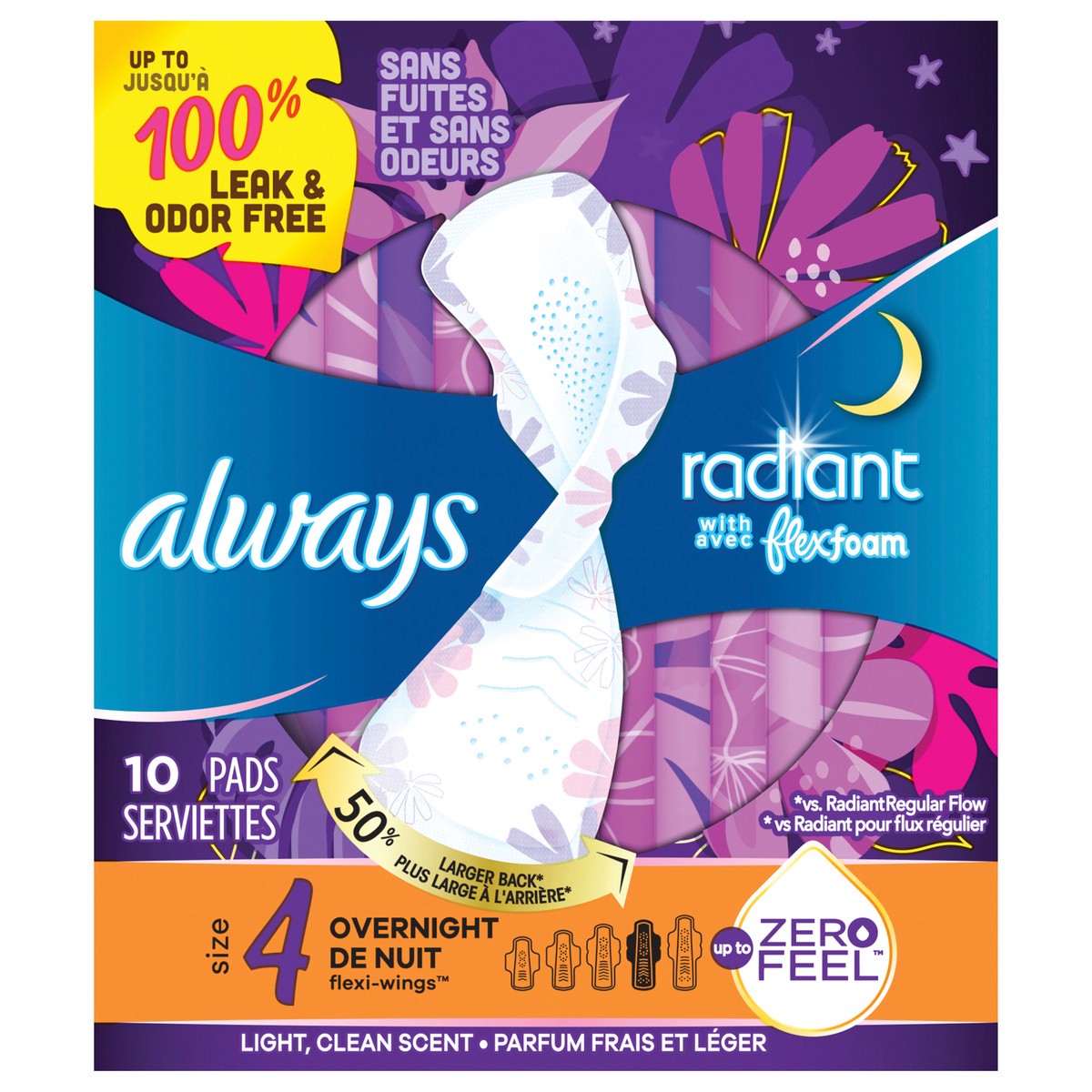 slide 1 of 2, Always Radiant Overnight Feminine Pads for Women, Size 4 for Nighttime, with Wings, Light Clean Scent, 10 CT, 10 ct