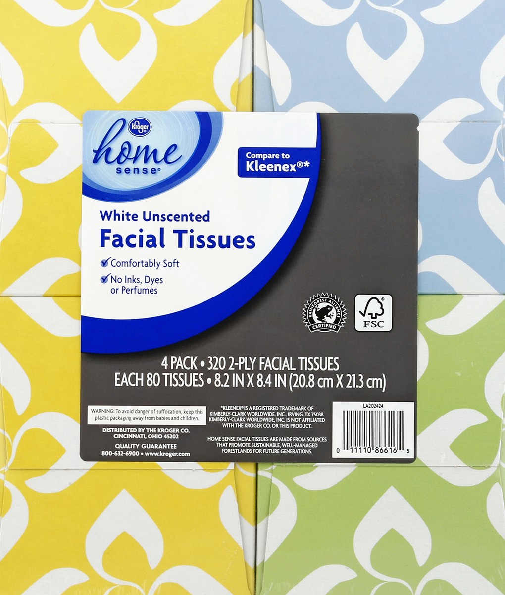 slide 4 of 4, Kroger Home Sense White Unscented Facial Tissue Multi Pack, 320 ct