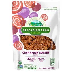 Cascadian Farm Organic Granola, Cinnamon Raisin Cereal, Resealable Pouch, 11 oz