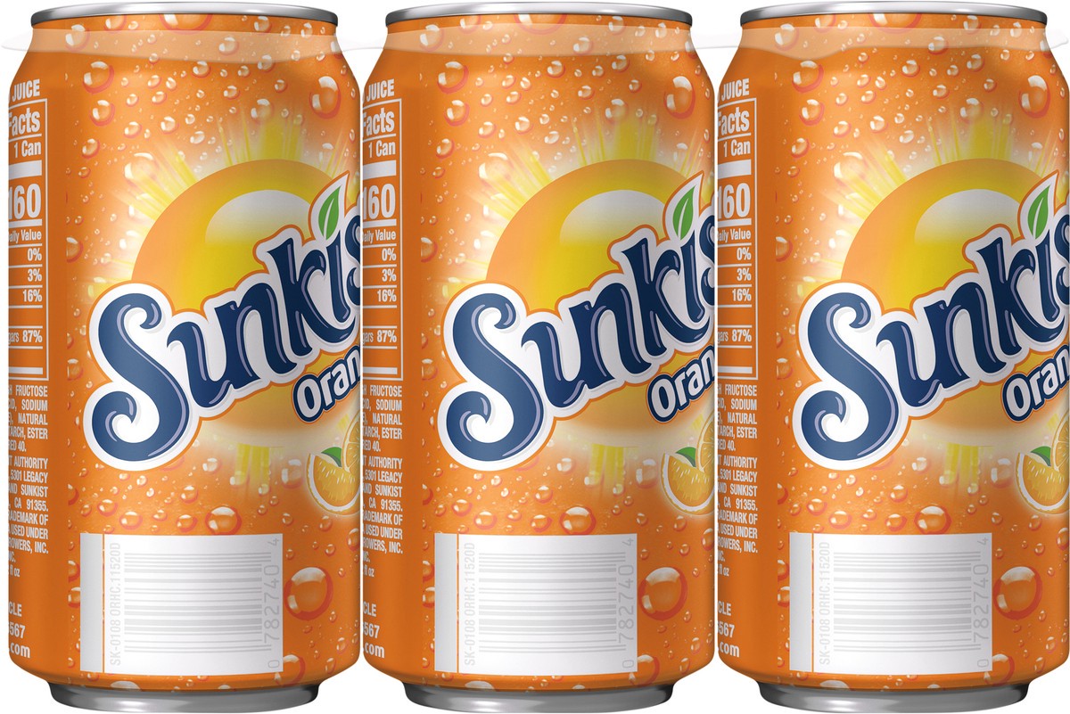 slide 3 of 9, Sunkist Orange Soda, 12 fl oz cans, 6 pack, 72 oz