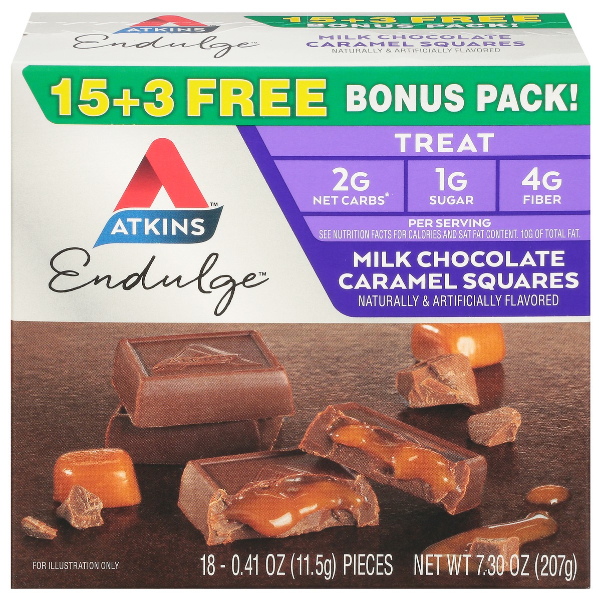 slide 1 of 1, Atkins Endulge Milk Chocolate Caramel Squares Bonus Pack 18 - 0.41 oz Packs, 18 ct