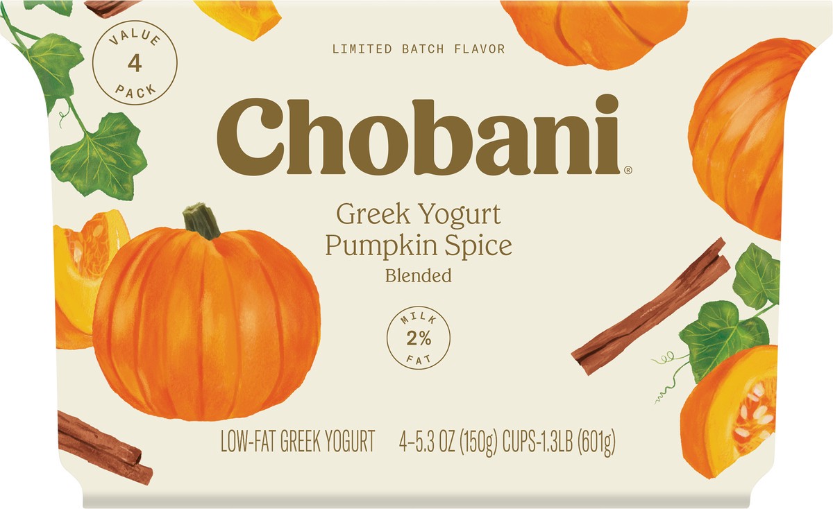 slide 8 of 9, Chobani Greek Low-Fat Pumpkin Spice Blended Yogurt Value Pack 4 - 5.3 oz Cups, 4 ct