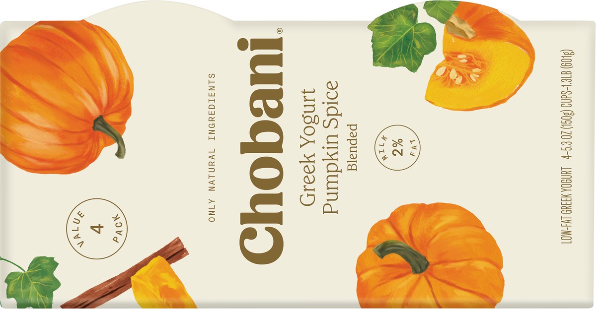 slide 2 of 9, Chobani Greek Low-Fat Pumpkin Spice Blended Yogurt Value Pack 4 - 5.3 oz Cups, 4 ct