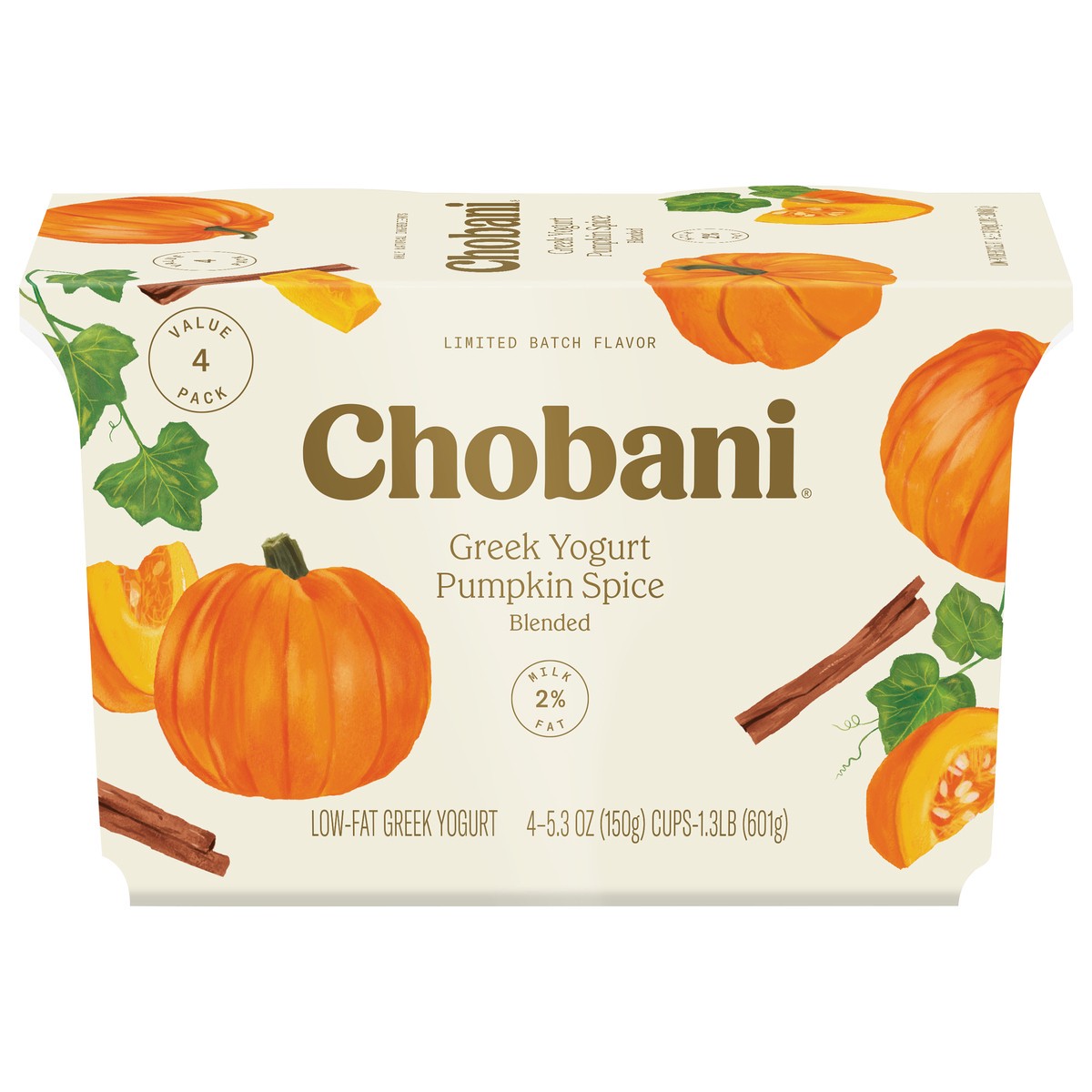 slide 1 of 9, Chobani Greek Low-Fat Pumpkin Spice Blended Yogurt Value Pack 4 - 5.3 oz Cups, 4 ct