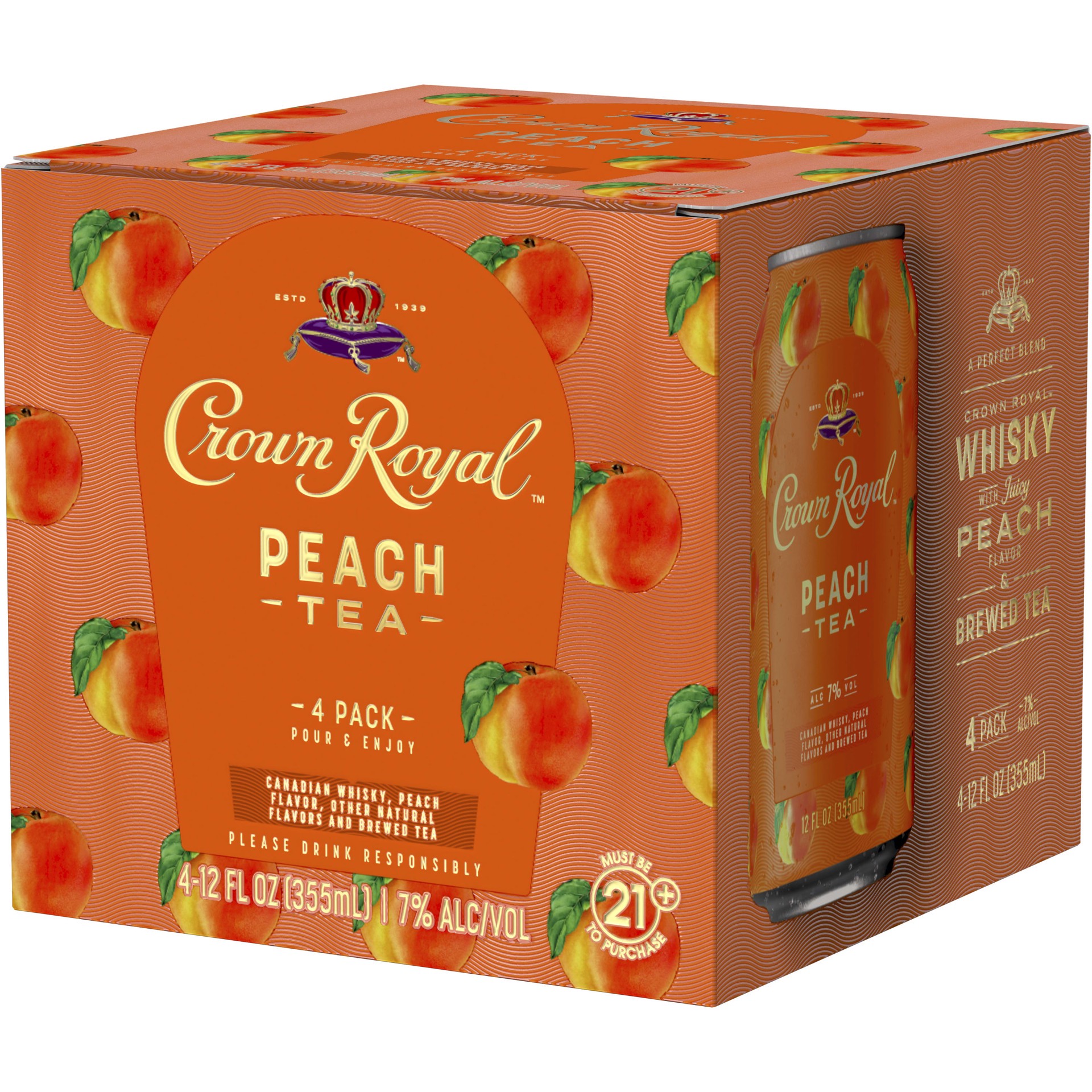 slide 1 of 4, Crown Royal Peach Tea Canadian Whisky Cocktail, 4-PACK (4 x 12 fl oz), 12 fl oz