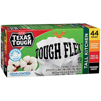 slide 1 of 1, H-E-B Texas Tough Tough Flex Drawstring Cotton ScentTall Kitchen 13 Gallon Trash Bags, 44 ct