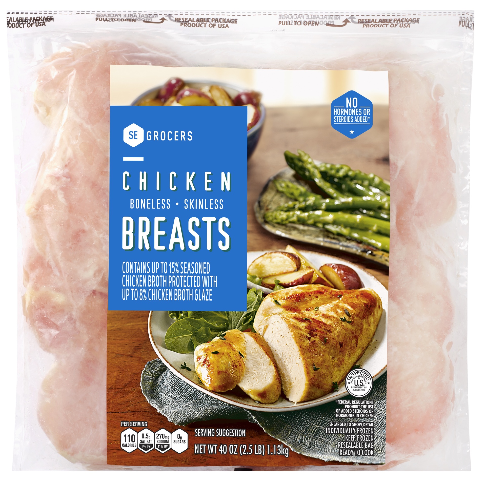 slide 1 of 1, SE Grocers Chicken Breasts Boneless Skinless, 40 oz