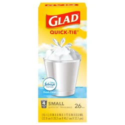 Glad 4 Gallon Small Quick-Tie Fresh Clean Trash Bags 26 ea