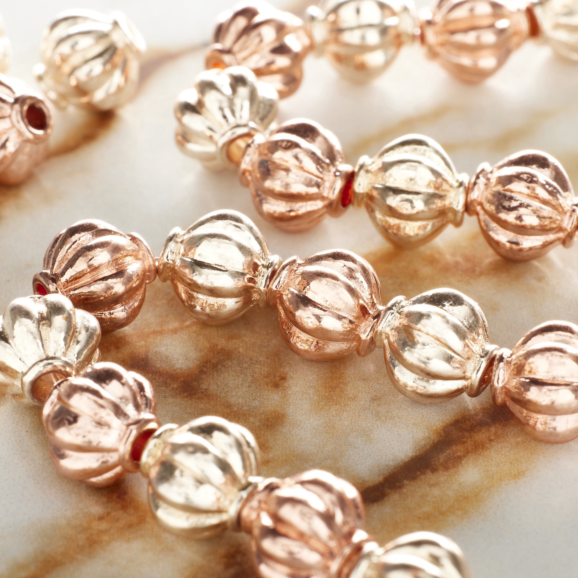 slide 3 of 3, Gold & Rose Gold Shiny Metal Carved Lantern Beads, 8mm By Bead Landing, 8mm