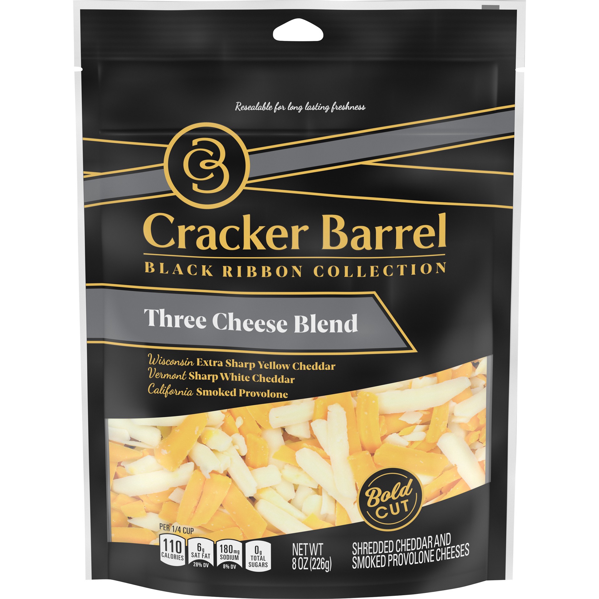 slide 1 of 11, Cracker Barrel Three Cheese Blend Bold Cut Shredded Cheese, 8 oz