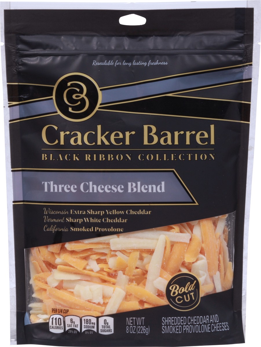 slide 7 of 11, Cracker Barrel Three Cheese Blend Bold Cut Shredded Cheese, 8 oz