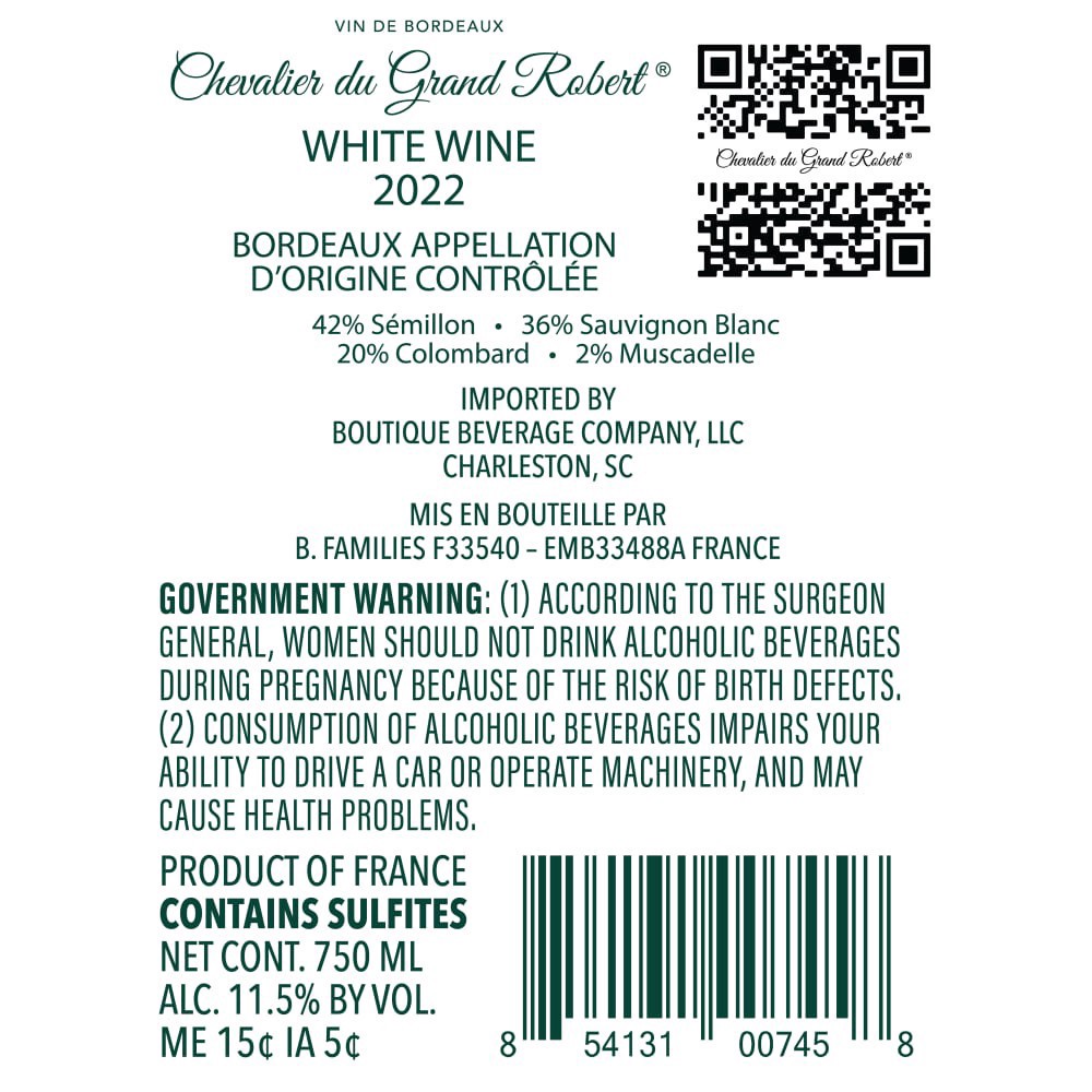 slide 3 of 3, Chevalier Du Grand Robert Bordeaux French White Wine, 750 ml