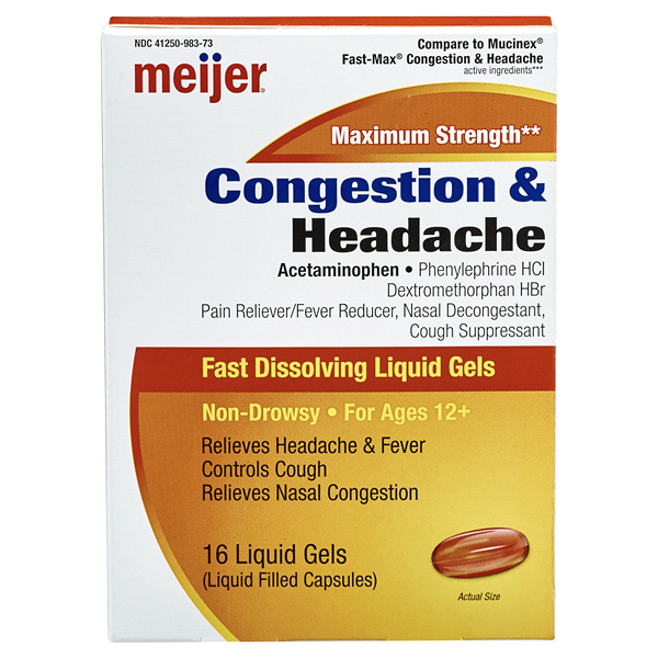 slide 1 of 4, Meijer Congestion & Headache Liquid Gel Cold Medicine, 16 ct