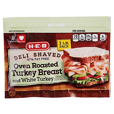 slide 1 of 1, H-E-B Deli Shaved Oven Roasted Turkey Breast & White Turkey, 16 oz