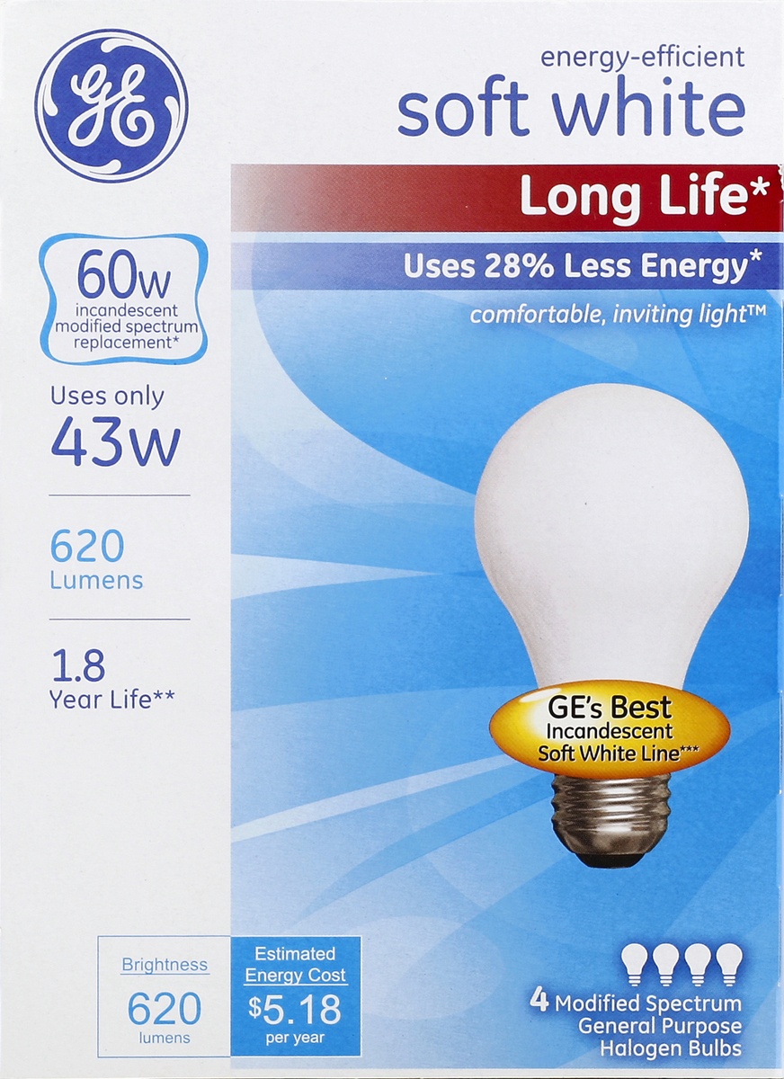 slide 2 of 4, GE Energy-Efficient Soft White 43-Watt (60-Watt) Modified Spectrum A19 Halogen Bulbs, 4 ct