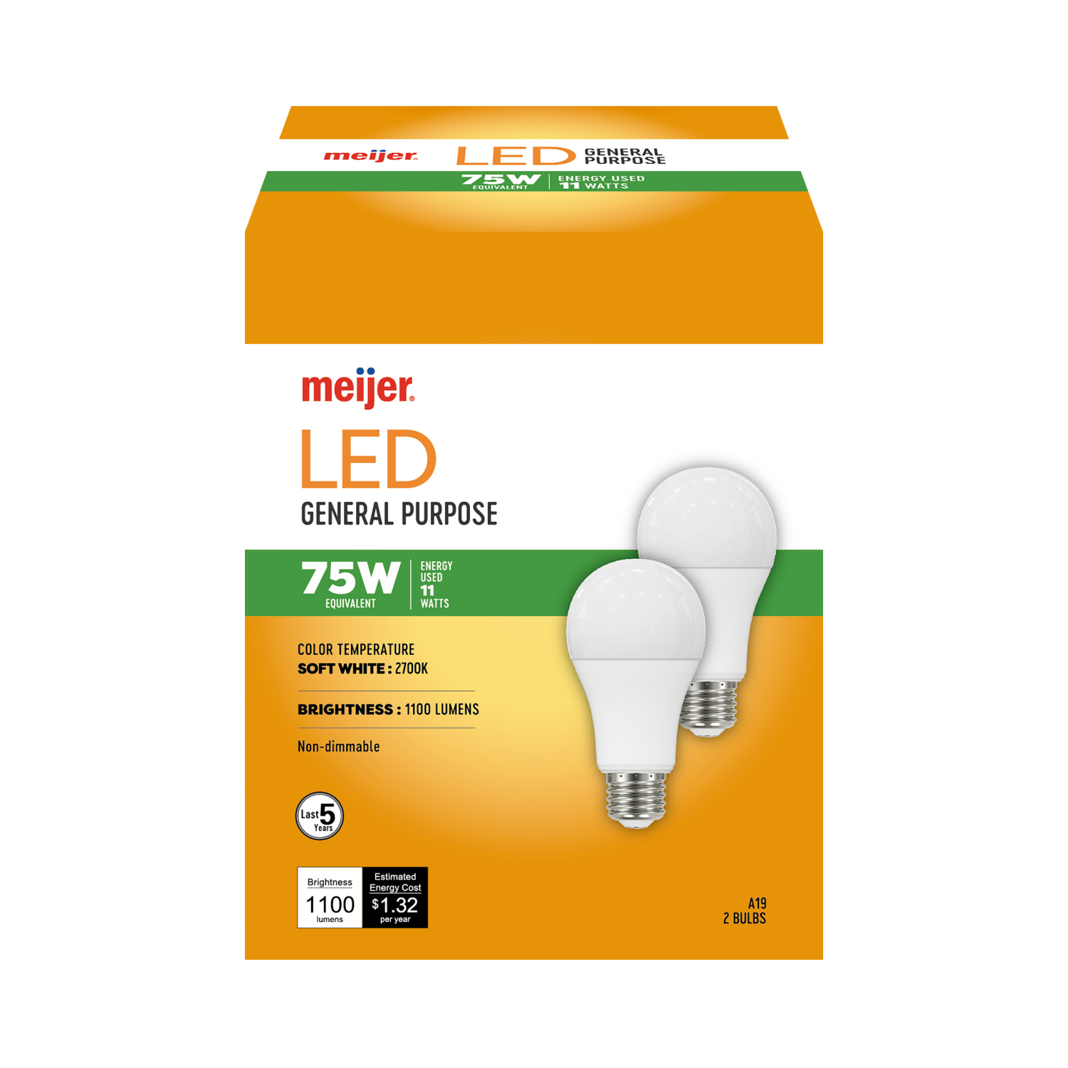 slide 1 of 1, Meijer Mjr Led 11w A19 5500hr Soft Wh 75w 2pk, 2 ct