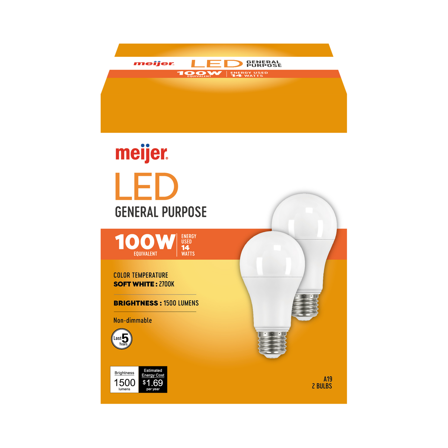 slide 1 of 1, Meijer Mjr Led 14w A19 5500 Hr Soft Wh 100w 2pk, 2 ct