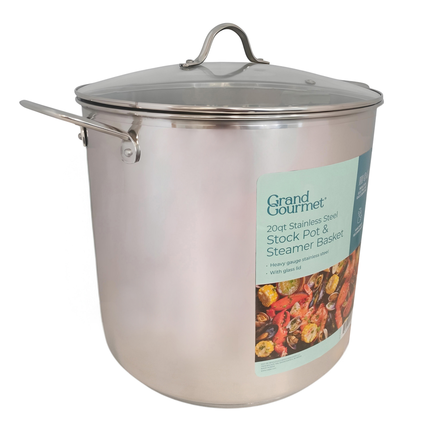 slide 2 of 5, Grand Gourmet Stainless Steel Stockpot with Steamer Basket, 20 Quart, 20 qt