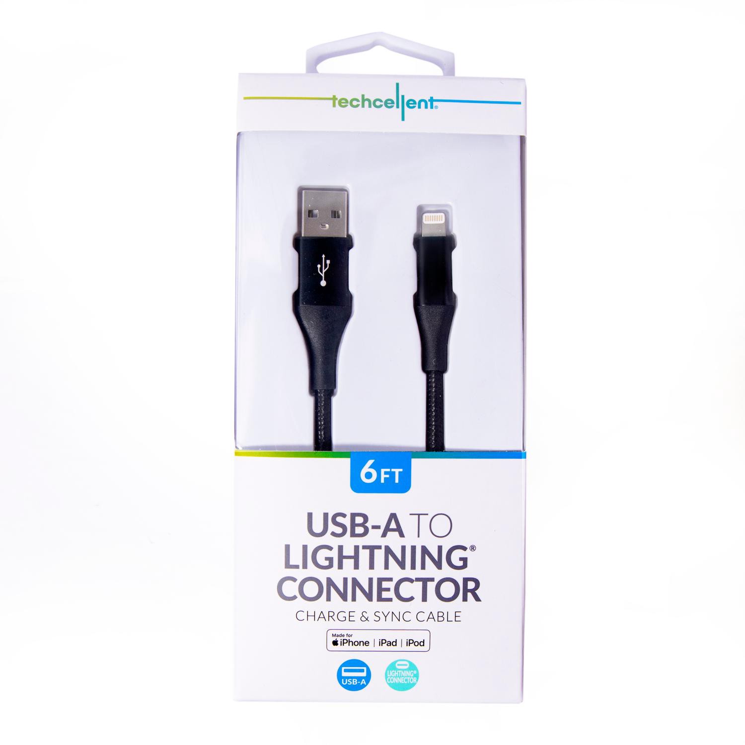 slide 1 of 8, Pvc Usb-A To Lightning Charging Cable, 6 Ft, Black, 6 ft