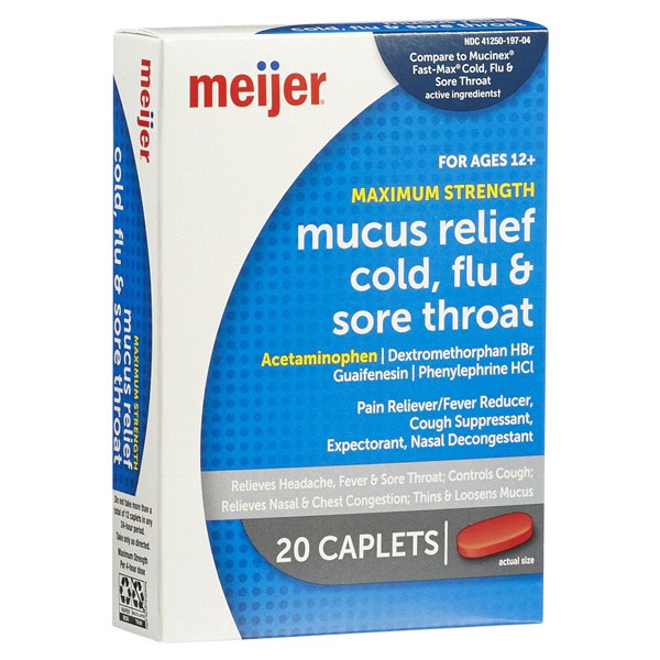 slide 13 of 29, Meijer Mucus Relief Cold, Flu & Sore Throat, 20 Caplets, 20 ct
