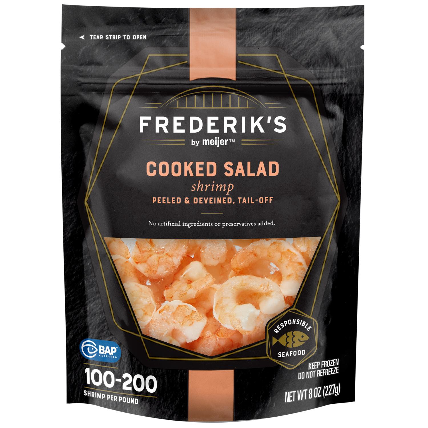 slide 1 of 3, FREDERIKS BY MEIJER Frederik's By Meijer, Cooked Salad Shrimp, Peeled & Deveined, Tail-Off, 100-200 Per Lb, 8oz, 8 oz