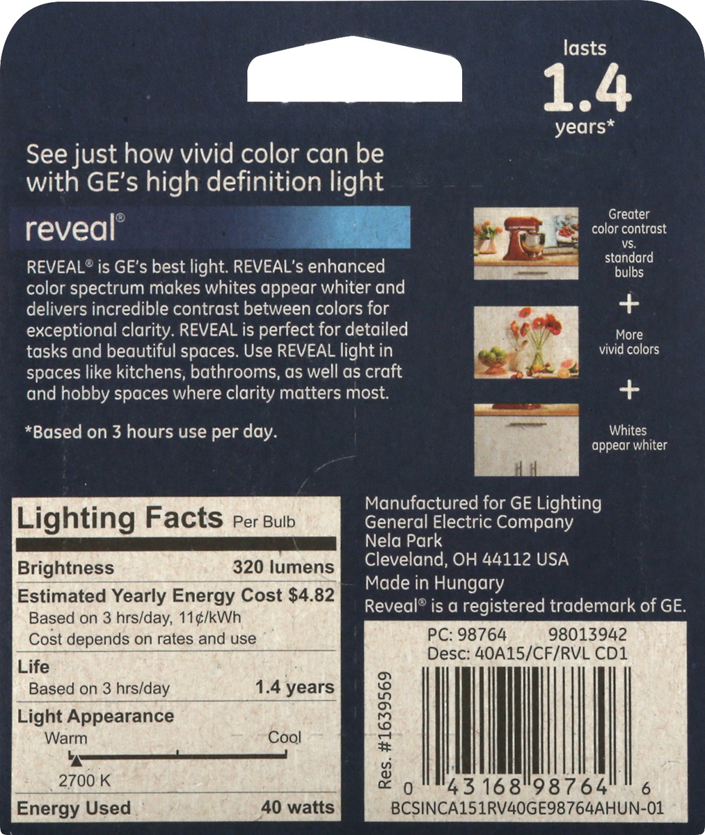 slide 2 of 7, GE Reveal HD+ Light Radiant White 40 Watts Light Bulb 1 ea, 1 ea