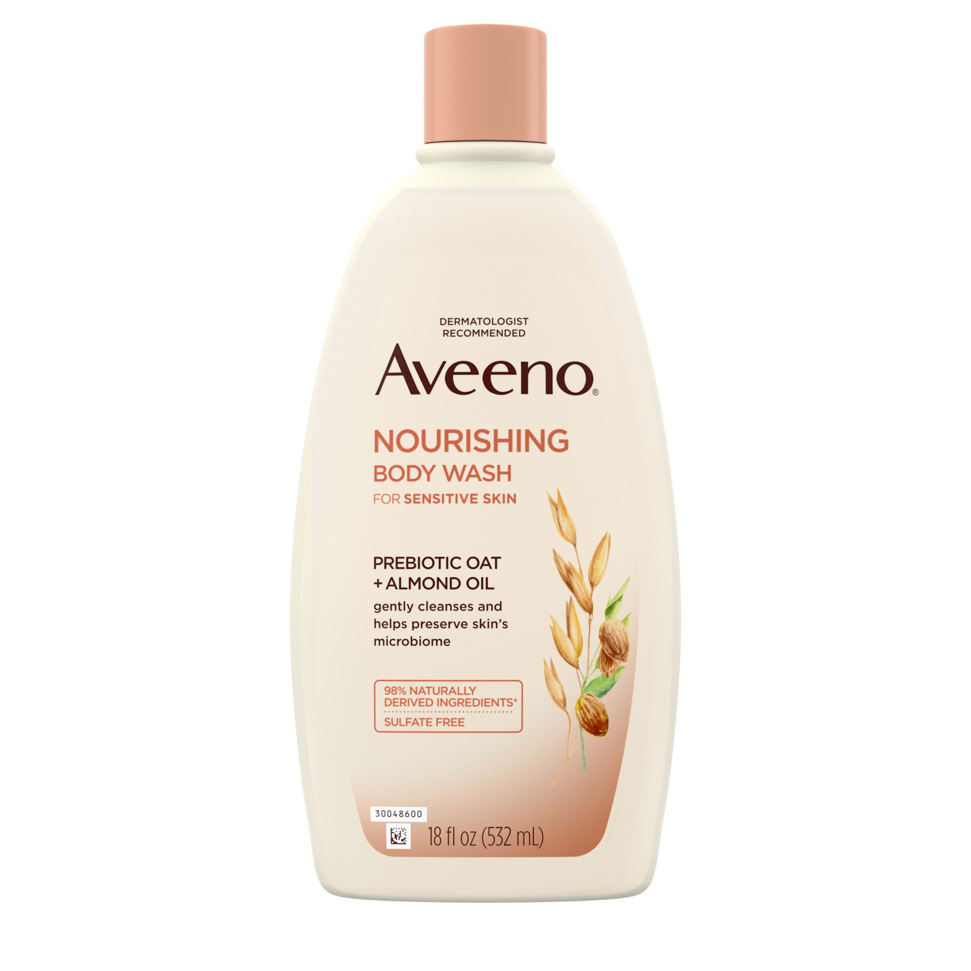 slide 1 of 9, Aveeno Nourishing Body Wash Pre-Biotic Oat + Almond Oil, 18 fl oz