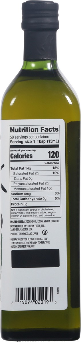 slide 9 of 9, Chosen Foods 50/50 Blend 100% Pure Avocado + Extra Virgin Olive Oil, 25.4 fl oz