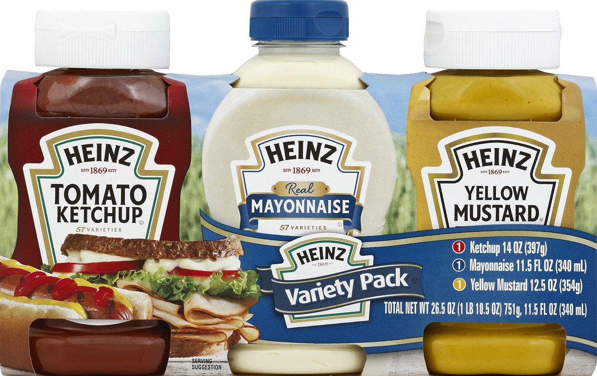 slide 4 of 4, Heinz Picnic Pack Ketchup/Mayonnaise/Yellow Mustard Condiments Pack, 3 ct; 25.6 oz