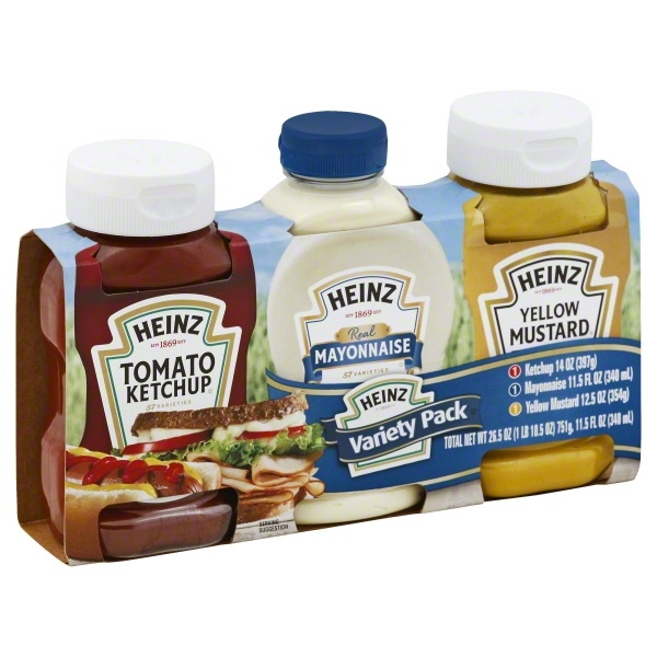 slide 1 of 4, Heinz Picnic Pack Ketchup/Mayonnaise/Yellow Mustard Condiments Pack, 3 ct; 25.6 oz